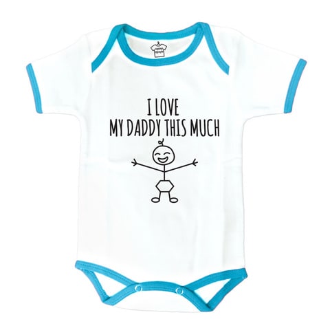 Cheeky Micky -Body Suit with Message : I Heart My Daddy This Much (Blue Trim) Age: 6-12 months