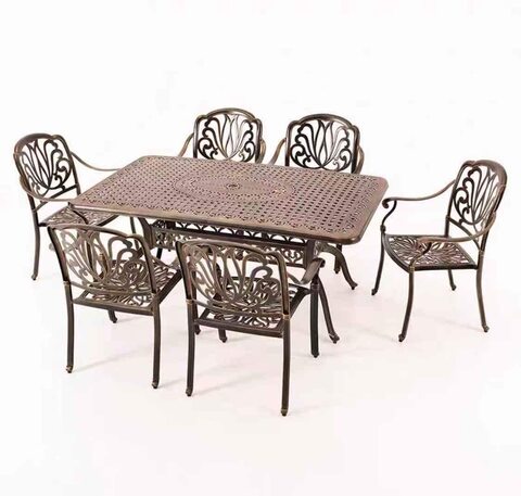 Yulan 7 Piece Outdoor Cast Aluminum Patio Dining Set, Conversation Furniture Set For Patio Deck Garden With 1 Rectangular Table, 6 Chairs -337