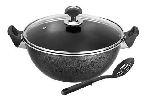 Dishware Safe Sonex Non Stick Cooking Wok Kadhai Karahi with Glass Lid and Spoon Durable Soft Handles 30 Cm Easy To Clean Original Made In Pakistan
