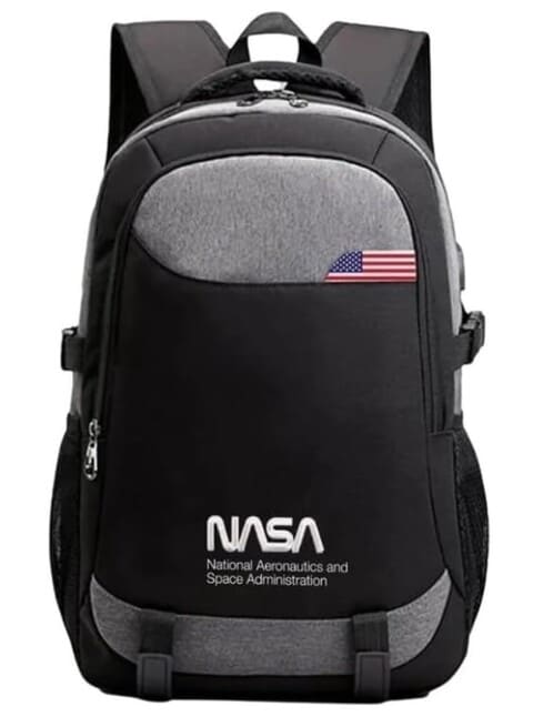 NASA Oxford Backpack, 300D Material, Embroidery Logo, Zipper, -Inside Pockets, Laptop Pocket &amp; Side Pockets, Travel friendly Trolley Sleeve, USB Charging Port - Black
