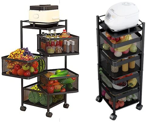 4 Tiers Square/Round Storage Rack Kitchen Rotating Vegetable Fruit Basket  Metal Kitchen Rolling Cart