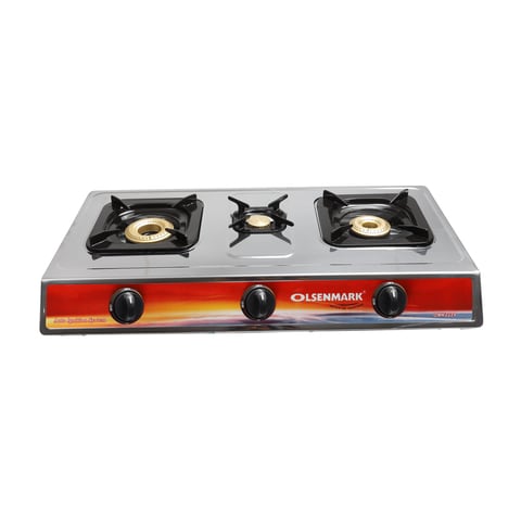 Olsenmark OMK2229 Stainless Steel Triple Burner Gas Stove - Portable Design, Comfortable Knobs with Auto Ignition - Cast Iron Pan Burner | Ideal for Cooking Multiple Dishes | 2 Years Warranty