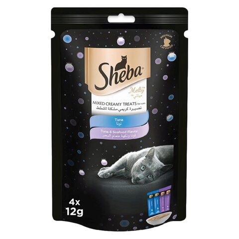 Sheba Cat Food, Melty Mixed Creamy Treats Tuna &amp; Tuna &amp; Seafood Flavor ( Pack of 4) 12g Pouches