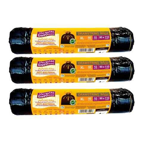 Buy Enviro Guard 60 Gallon Anti-Bacterial Drawstring Garbage Bag Rolls XL Black Pack of 3 in UAE