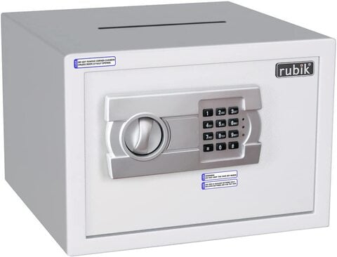 Rubik Drop Slot Safe Box with Digital Keypad and Key Lock A4 Document Size for Cash Deposit on Top Home Office (25x35x25cm) White