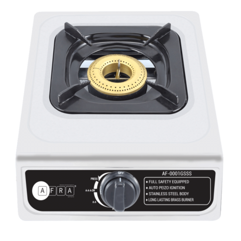 AFRA Japan Single Burner Gas Stove, Compact Design, Cast Iron Burner, Enamel Pan Support, Stainless Steel Surface, G-MARK, ESMA, ROHS, and CB Certified, 2 years warranty