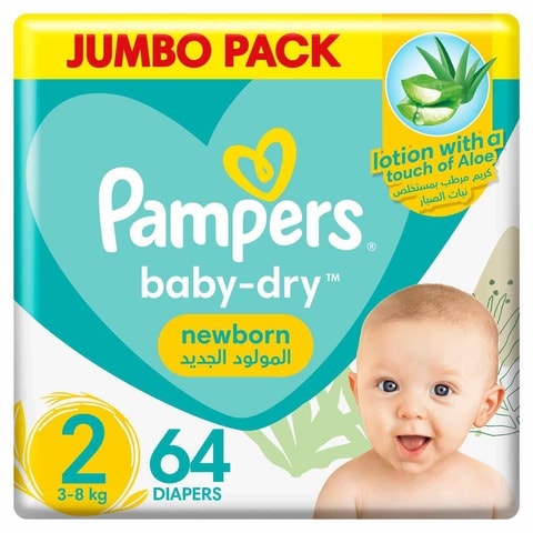 Buy Pampers Aloe Vera Taped Diapers, Size 2, 3-8kg, Jumbo Pack, 64 Diapers in Saudi Arabia