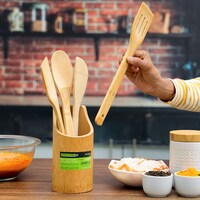 Royalford Organic Bamboo Kitchen Tools, RF10239, Spatula, Turner, Slotted Turner, Serving Spoon, Rice Spoon And Holder, Nonstick Kitchen Utensil Set, Non-Scratch Cookware Tools