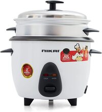 Nikai 1 Liter 2 In1 Non-Stick Rice Cooker With Steamer, 400W, Keep Warm Function, NR701A, White (6 Months Warranty)