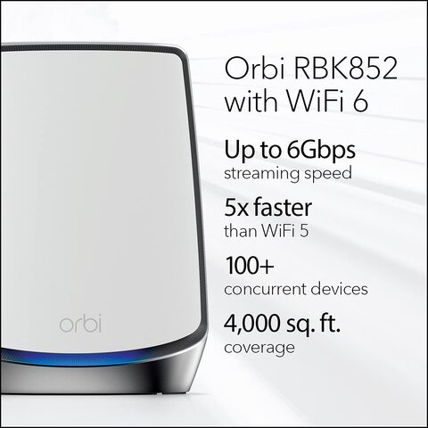 Netgear Rbk852-100Eus Orbi Whole Home Tri-Band Mesh Wifi 6 System, 11Ax Mesh Ax6000 Wifi (Up To 6Gbps) - White