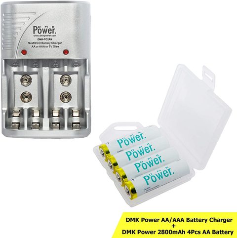 DMK Power 4pcs AA Rechargeable Battery with Smart Recharge Charger for AA AAA NiCd 9V NiMh Batteries for House hold devices, toys, remote, flash light, radio, clock