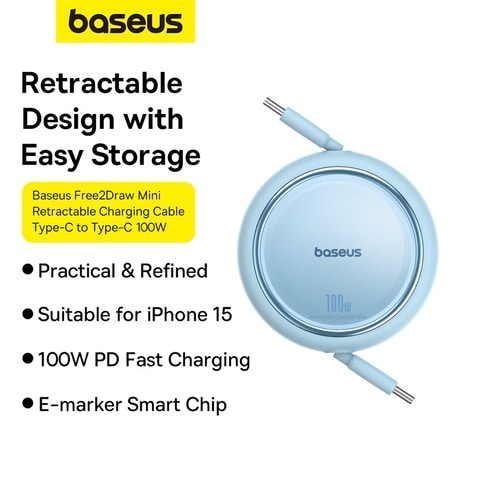 Baseus USB C Cable, Mini 100W Retractable USB C to USB C PD 5A Fast Charging