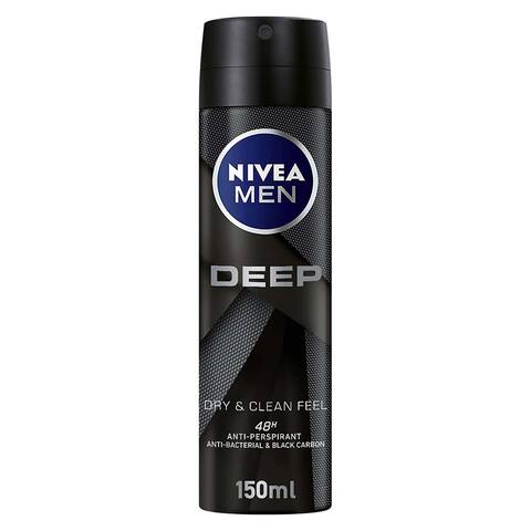 Nivea Men Antiperspirant Spray for Men - Deep Black Carbon Antibacterial - Dark Wood Scent - 150ml