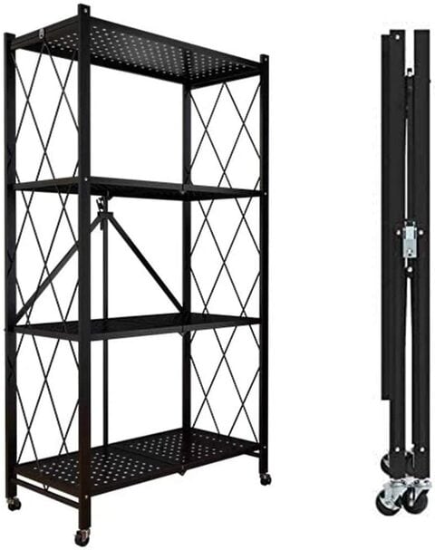 Generic Foldable Storage Shelf Unit With Wheel, Heavy Duty Storage Shelving Unit For Kitchen Garage Laundry Bathroom Closet Office, No Assembly Needed (4 Tier, Black)