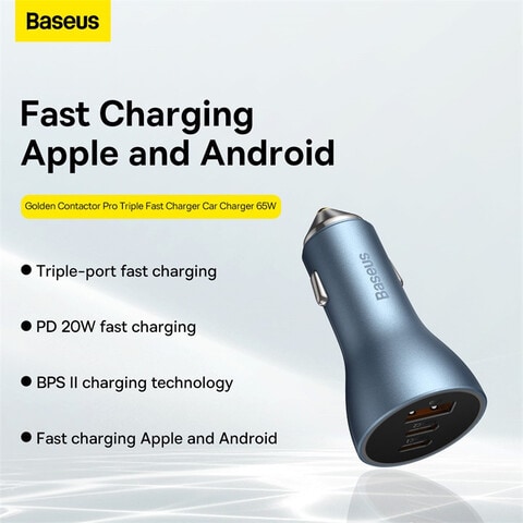 Baseus 65W Fast Car USB Charger Adapter 3 Ports Car Mobile Phone Fast Charging Socket Plug with PD USB C Port &amp; Quick Charge 3.0 Compatible with iPhone 14 Pro Max/14 Pro/13 Pro, iPad Pro, MacBook Blue