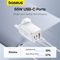 Baseus 65W USB C Charger 3-Port Foldable GaN5 Pro Laptop Charger Type C Fast Wall Charger Plug Compatible With MacBook Pro/Air HP/Dell/Lenovo iPad Pro/Air iPhone 15 Pro Max Galaxy S23 Steam Deck White