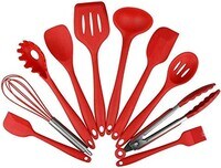 10pcs Kitchen Utensil Set, Silicone Heat Resistant Kitchen Cooking Utensils Baking Tool Tongs ladle Gadget(Red)