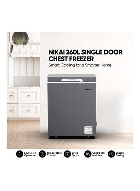 Nikai 260L Gross / 198L Net Capacity, Single Door Chest Freezer With Storage Basket, High Energy Efficiency Cooling System, Adjustable Temperature, Child Lock, Silent Operation, NCF260N7S, Silver