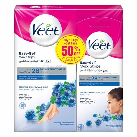 Veet Easy Gel Body And Legs Wax Strips Pack of 20 With Face Wax Strips ...