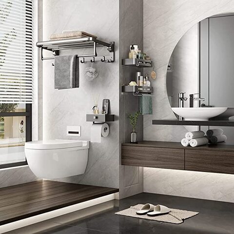 Atraux Wall-Mount Adjustable Bathroom Towel Rack With 5 Hooks &amp; 2 Tier Architecture, Gold