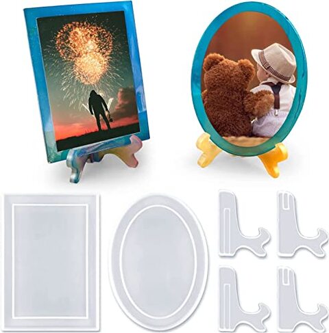 Generic Resin Mold For Photo Frame, Picture Frame Molds With Stand Holder, Rectangle &amp; Oval Epoxy Molds For Resin Casting, Diy Personalized Photo Frame For Handmade Gifts Home Table Decor
