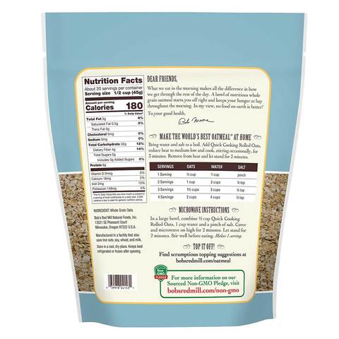 Bob&#39;s Red Mill Rolled Oats Quick Cooking Whole Grain 907 Gram