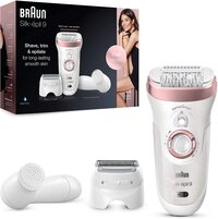 Braun Silk-Epil 9 Epilator Hair Removal, Includes Facial Cleansing Brush High Frequency Massage Cap Shaver &amp; Trimmer Head, Cordless, Wet &amp; Dry, 100% Waterproof, 2 Pin Bathroom Plug, 9-880, White/Pink