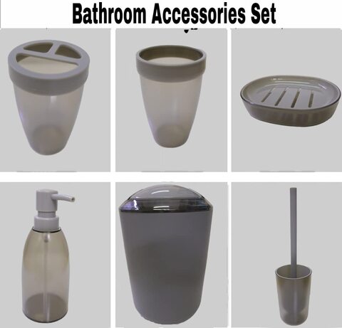 Bathroom Accessories Set,6-Piece Bathroom Gift Set,Toothbrush Holder,Toothbrush Cup,Soap Dispenser,Soap Dish,Toilet Brush Holder,Trash Can,Tumbler Bathroom Accessory Set Complete,Grey Transparent