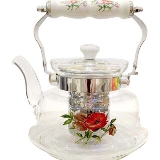 Lihan - Pyrex Floral Printed Borosilicate Glass Teapot With Filter And Lid Porcelain Handle Clear/Silver/Red 1.2L