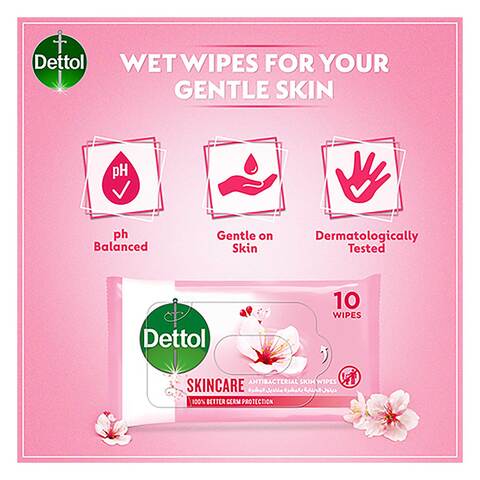 Dettol Skincare Antibacterial Skin Wipes , Pack of 10 Water Wipes