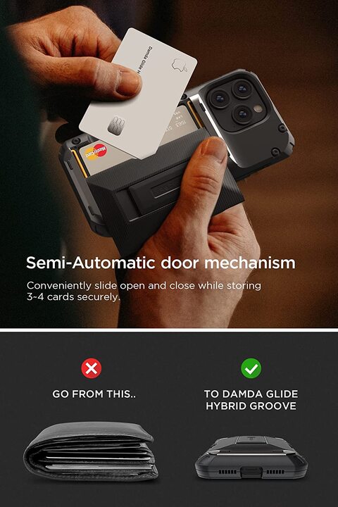 VRS Design Damda Glide Hybrid designed for iPhone 14 PRO case cover wallet [Semi Automatic] slider Credit card holder Slot [3-4 cards] &amp; Kickstand - Black Groove