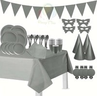 Party Time 110pcs Silver Party Supplies Disposable Paper Dinnerware Set Serves 12 guest Gold Paper Plates Napkins Cups Spoon &amp; Fork Hats Banner Table Cover Silver Party Sets for Wedding Birthday Gradu