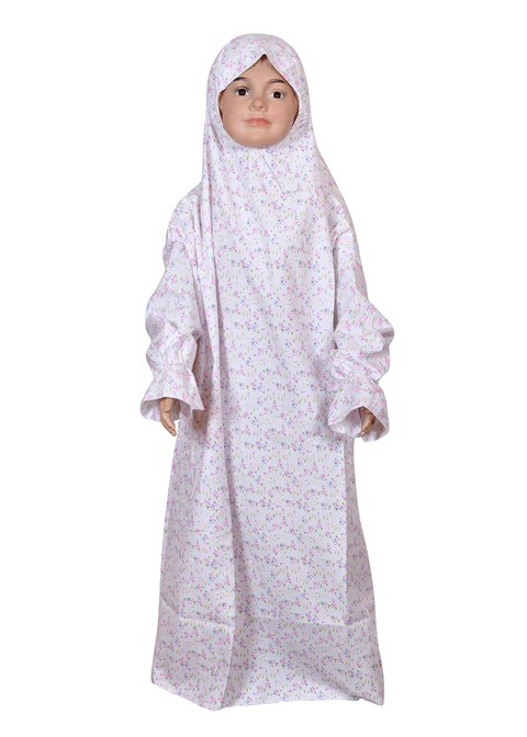 City Rose Muslim Islamic Pray Set Girl&#39;s khimar 1 Pieces Soft Prayer Dress Hijab Abaya Suit White Floral (White Floral (Purple) , 1-2 Years)