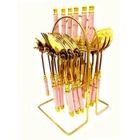 LIYING pink marble Gold Cutlery Set  24-Piece Stainless Steel Gold Flatware Set with gold stand, Kitchen Utensils Knife Fork Spoon Flatware Set, Spoon, Knife, Fork, Mirror polish, Smooth Edge, Service