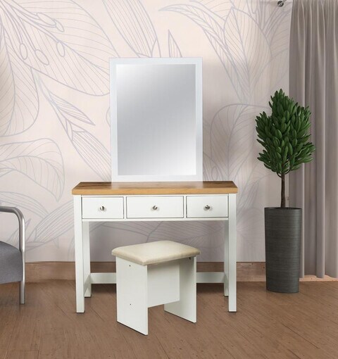Denis 3 Drawers  Dressing Table With Mirror  &amp; Cushioned Stool