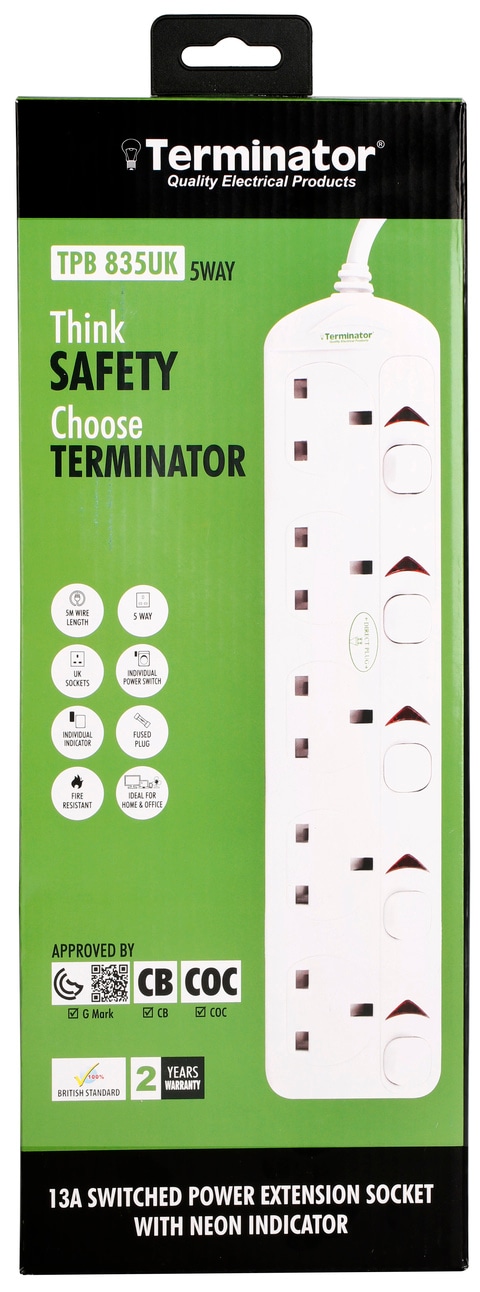 Terminator Brand UK Socket Power Extension With Individual Switches - 5way 5M