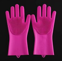 Generic Reusable Silicone Dishwashing Gloves, Pair Of Rubber Scrubbing Gloves For Dishes, Wash Cleaning Gloves With Sponge Scrubbers For Washing Kitchen, Bathroom &amp; More (Magenta)