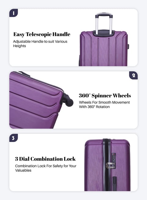 PARA JOHN  3-Piece Hard Side ABS Luggage Trolley Set 20/24/28 Inch Purple