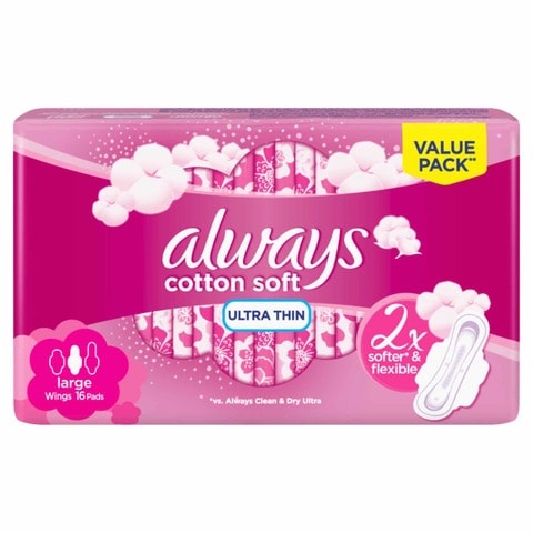 Buy Always Cotton Soft Ultra Thin Large Sanitary Pads with wings 16 Pads  in Saudi Arabia