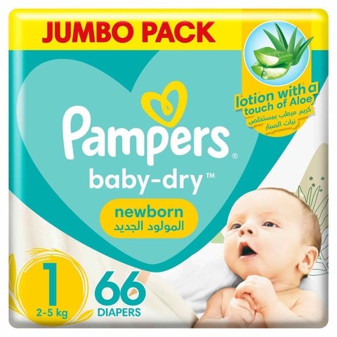 Pampers Aloe Vera Taped Diapers, Size 1, 2-5kg, Jumbo Pack, 66 Diapers&nbsp;