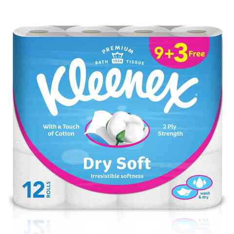 Kleenex Dry Soft Toilet Tissue Paper 2 Ply 12 Rolls x 200 Sheets Embossed Bathroom Tissue With A Touch Of Cotton