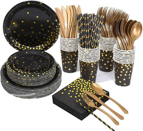 اشتري Doreen Black and gold plate and napkin set, 25 X 8 pieces, gold dot disposable party cutlery, including trays, napkins, cups, straws, plastic fork knives and birthdays（GC1570A） في الامارات