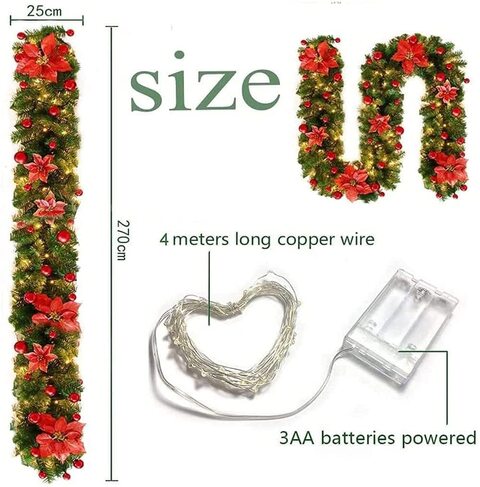 Jjone Christmas Garland, 2.7M Christmas Rattan, Christmas Artificial Flower Vine Christmas Illuminate Garland With LED Lights Decoration Christmas Ornament Indoor Outdoor (Blue-Plug)