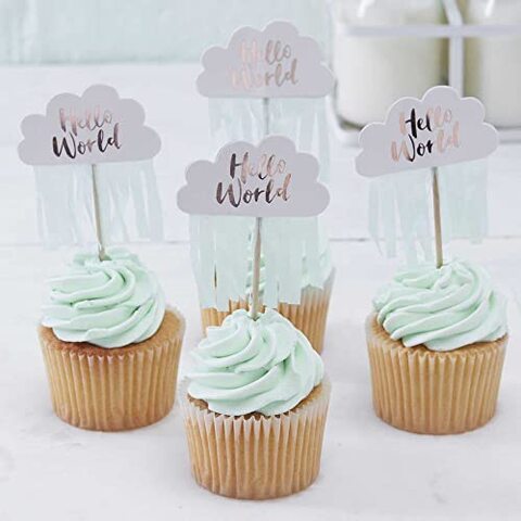 Generic Rose Gold Cloud Hello World Baby Shower Tassel Cupcake Pick Toppers 10 Pack