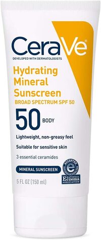 Cerave 100% Mineral Sunscreen SPF 50 Body Sunscreen With Zinc Oxide &amp; Titanium Dioxide For Sensitive Skin 5 Oz, 1 Pack, 5 Fl OZ (Pack Of 1)