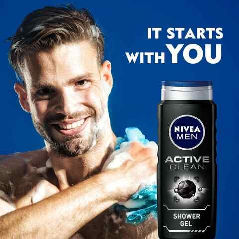 NIVEA MEN 3in1 Shower Gel Body Wash  Active Clean Charcoal Woody Scent  500ml