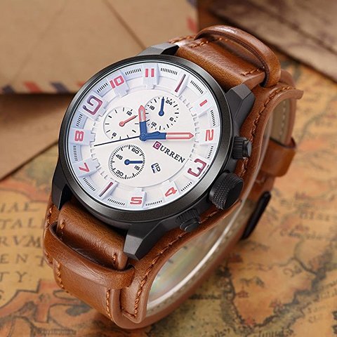 Curren - 8225 Men&#39;s Analog Sports Waterproof Leather Strap Wrist Watch With Date - White