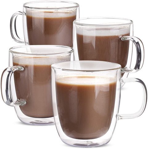 Evelyne Collection Clear Glass Double Wall Coffee Mug With Handle, Set of 4  (12 oz, 350