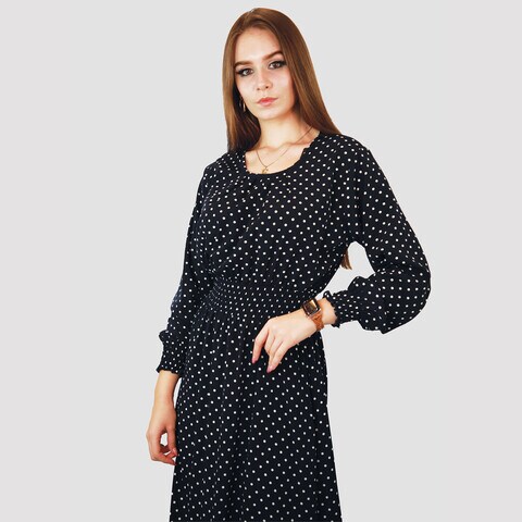 KIDWALA Size XL, Women&#39;S Long Dress, Pleated Long Sleeves, Round Neckline, Black &amp; White Doted Dress, Maxi Dress, Ruffle Dress, Women Dress Lady Dress