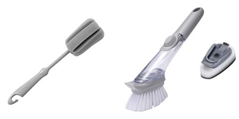 ALISSA 1 Pc Long Handle Bottle Brush (Grey) & 1Pc 2-in-1 Dishwashing Brush Automatic Soap Dispensing Brush